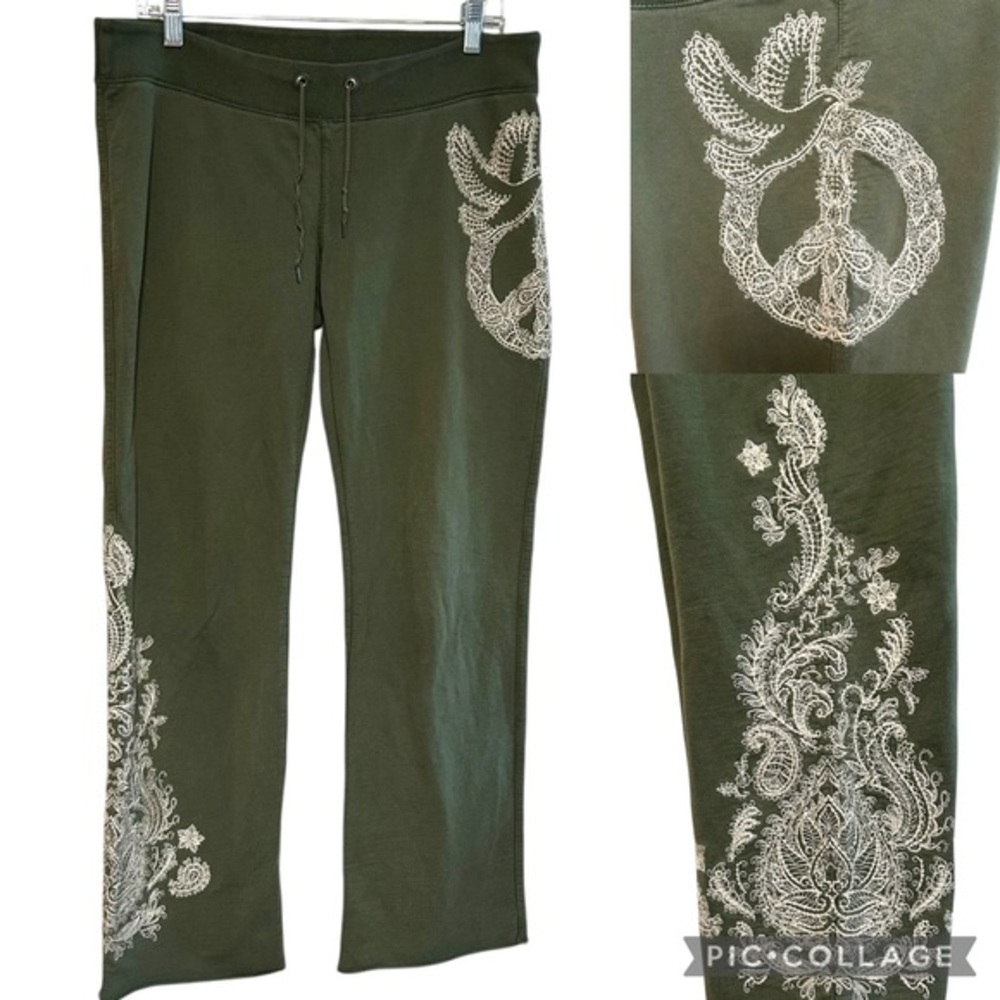 Lucky brand M-XL sweatpants embroidered mehndi design dove boho hippie yoga Y2K